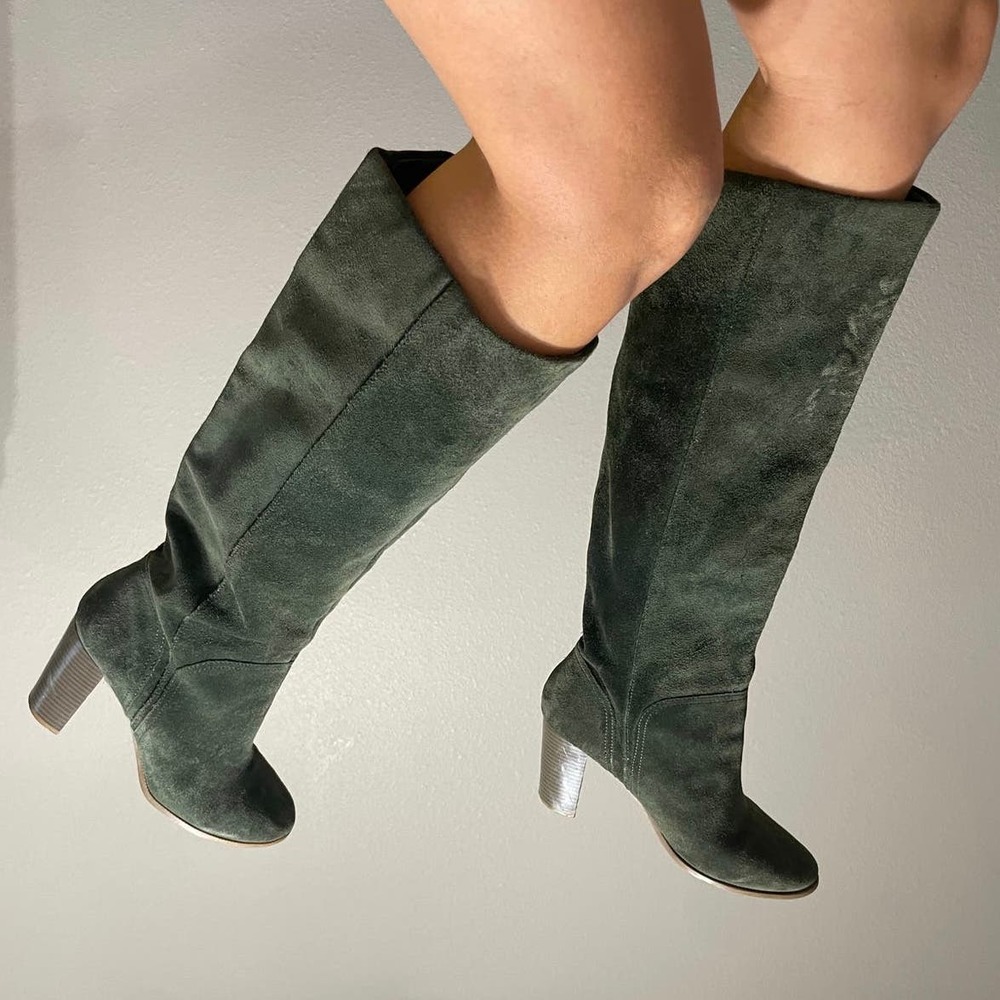BCBG Olive Suede Knee High Boots with Block Wooden Heel